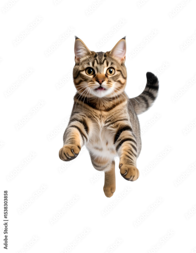 Obraz premium Leaping Tabby Cat: A captivating shot of a striped tabby cat in mid-air, exuding energy, and playfulness against a clean backdrop.