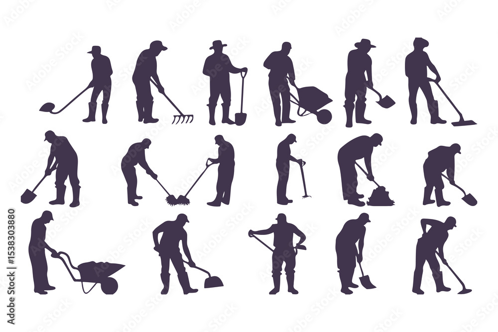 Obraz premium Silhouettes of workers performing outdoor tasks with tools. vector set of people digging, sweeping, raking, spraying, and cleaning.