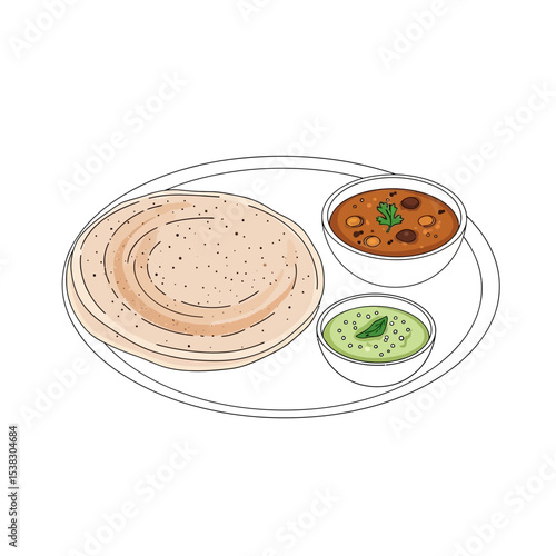 Indian Thali Meal: Chapati, Curry, and Chutney Illustration