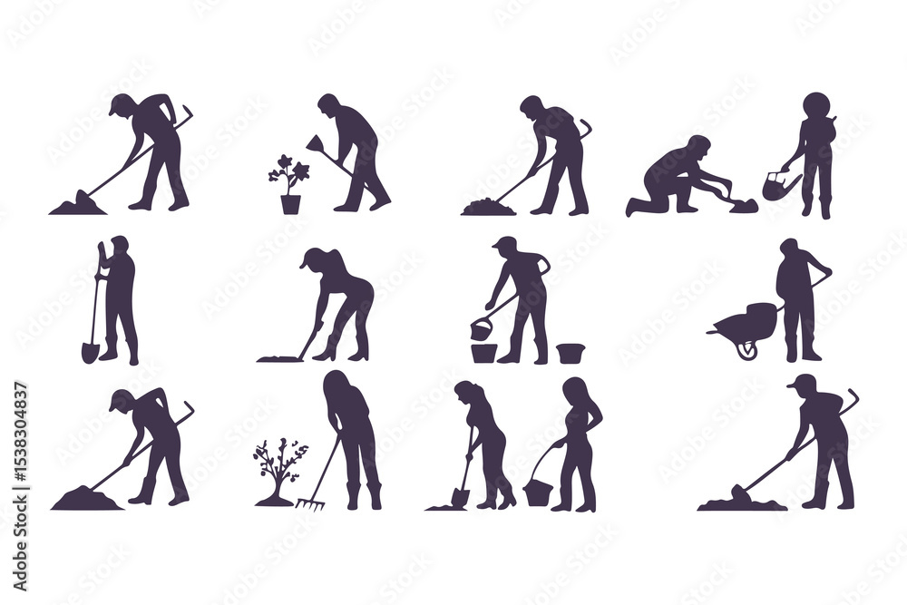 Fototapeta premium Silhouettes of workers performing outdoor tasks with tools. vector set of people digging, sweeping, raking, spraying, and cleaning.