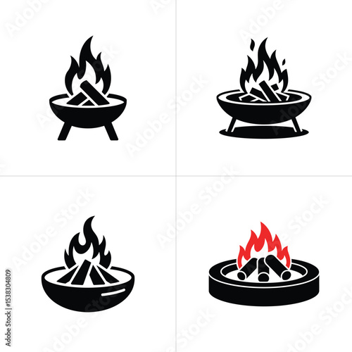Four Black and White Fire Pit Icons with Flames and Burning Wood Illustration