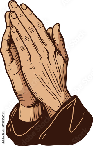 Praying hands illustration with detailed wrinkles and brown sleeves vector art 