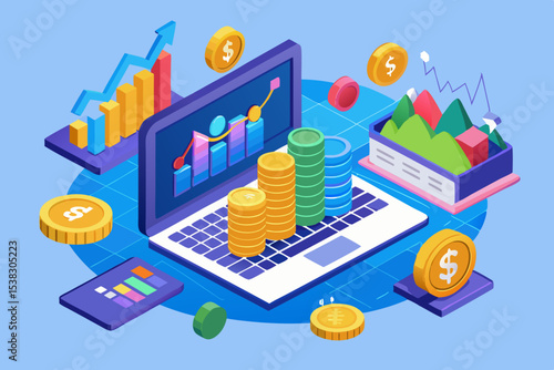 Isometric financial analysis and investment concept with laptop coins and charts