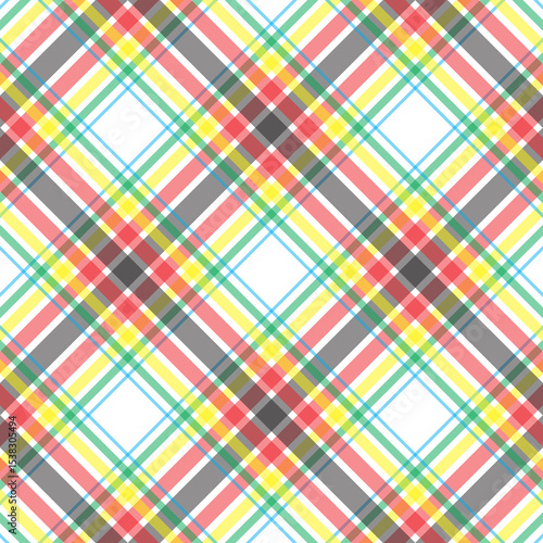 Seamless Colorful Plaid Pattern Design with Diagonal Stripes – Vibrant Tartan Style Geometric Textile Background for Fabric, Wallpaper, and Digital Art Projects