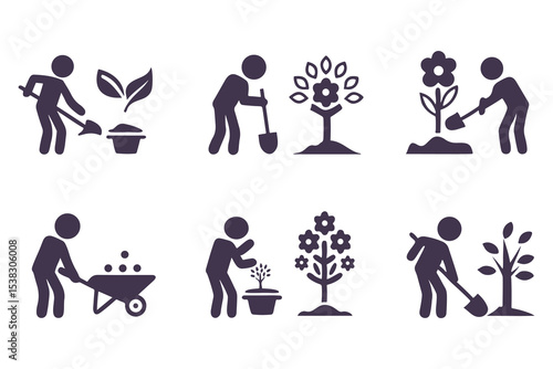 Set of gardening icons with people planting, watering, digging, and using tools. vector illustration for garden, farming, and landscaping.