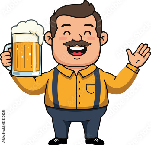 Man holding beer glass with foam smiling happily in cartoon style vector illustration 