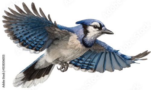 Blue jay in flight against a black background