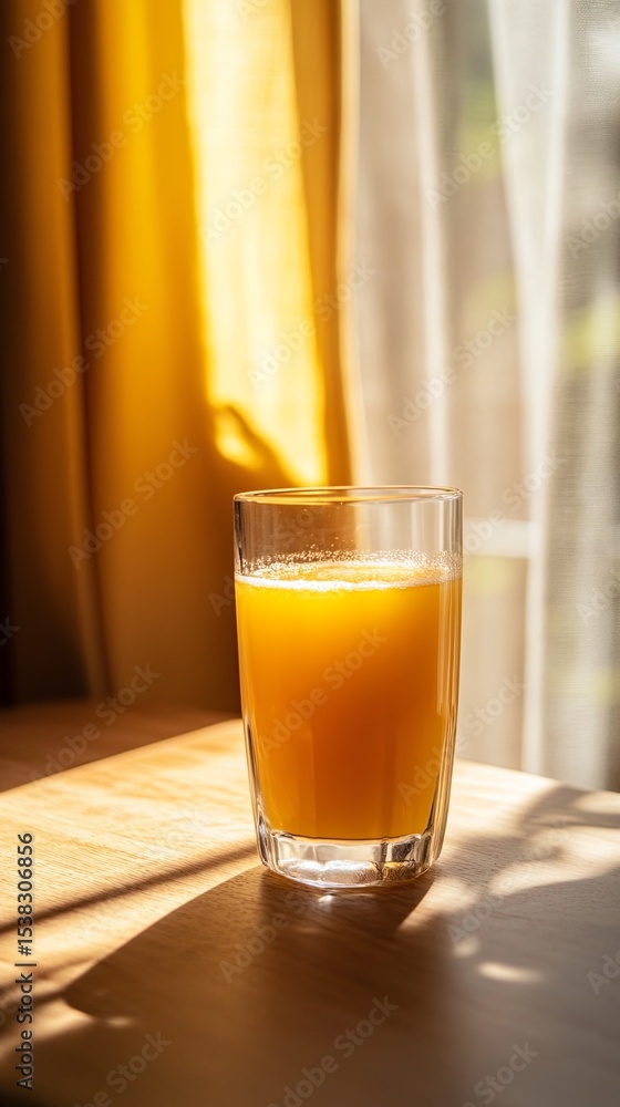 glass of orange juice near sunny curtain. glass of orange juice near sunny curtain.