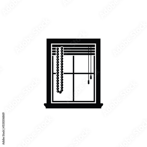 Monochrome Window with Blinds and Beaded Chain Illustration Isolated Design