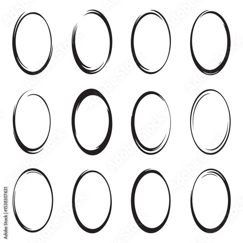 hand-drawn oval shapes collection eps10 vector illustration set of abstract ink brush strokes in grid layout