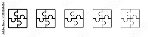 Puzzle pieces icons in black stroke designs on white background