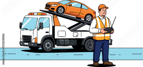 Tow truck operator controlling orange car on flatbed vehicle vector illustration 