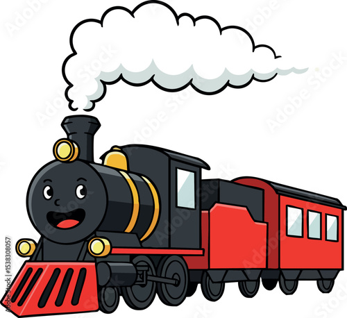 Cartoon style black and red steam train locomotive with smoke vector illustration 