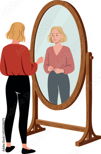 Woman standing in front of full length mirror reflection vector illustration 