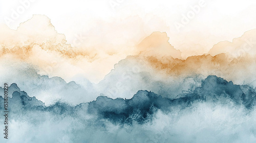 Abstract watercolor mountain landscape.
Misty blue and orange landscape art.
