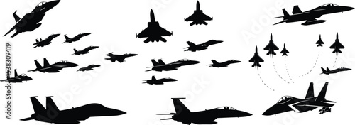 Dynamic Display of Jet Aircraft Silhouettes Showcasing Military Power and Aerial Maneuverability in Formation and Solo Flight Exhibitions