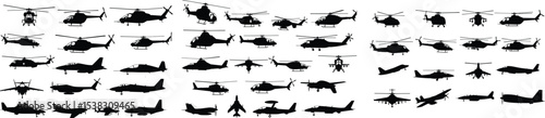 Comprehensive Guide to Helicopters: Types, Uses, and Technologies.Diverse Array of Silhouetted Aircraft An Overview of Helicopters and Airplanes in Flight Aerospace and Aviation Design Elements