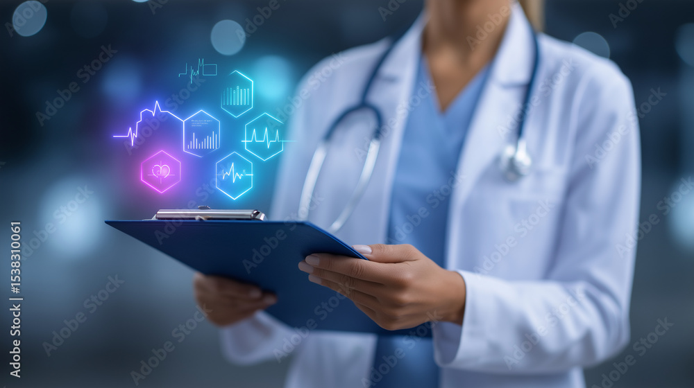 Female Doctor Conducting Medical Analysis with Data Clipboard Female Doctor Conducting Medical Analysis with Data Clipboard