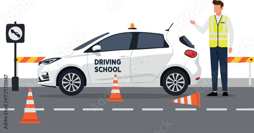 Driving school car with instructor and traffic cones on road for learner training 