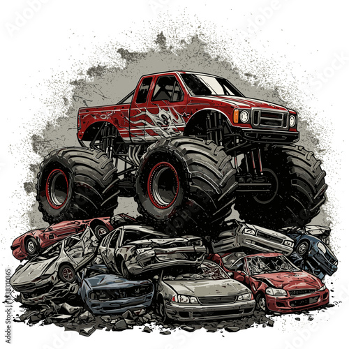Monster truck towering over a pile of crushed cars in a gritty and powerful illustration