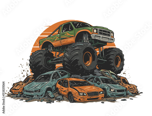 Monster truck proudly perched on a heap of crushed cars with a dynamic sunset background