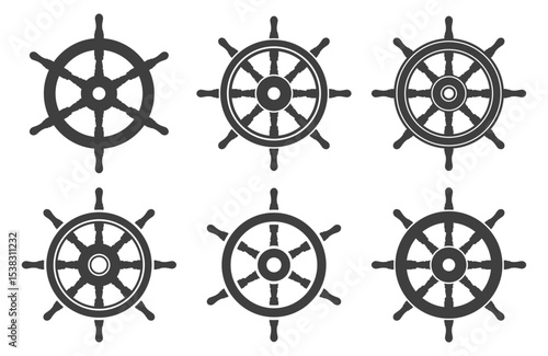 Ship rudder icon symbol shape set. Ship helm logo sign collection. Vessel Steering wheel silhouette. Vector illustration image. Isolated on white background.
