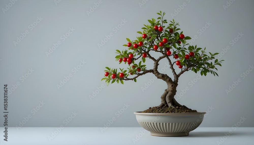 Red-backed bonsai tree in a pot, a small Japanese art plant for home decoration Red-backed bonsai tree in a pot, a small Japanese art plant for home decoration