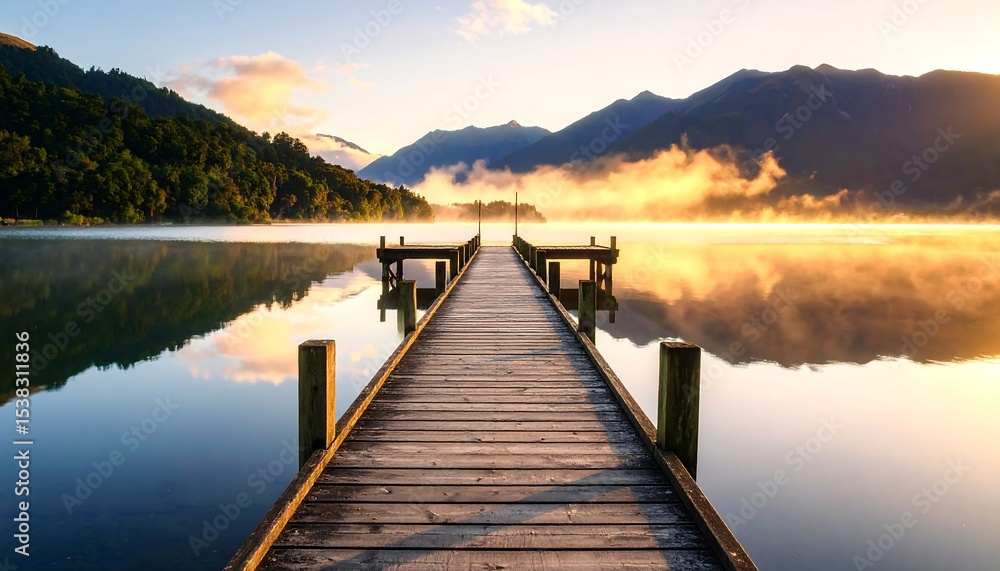 Fototapeta premium Dock overlooking misty lake at sunrise.