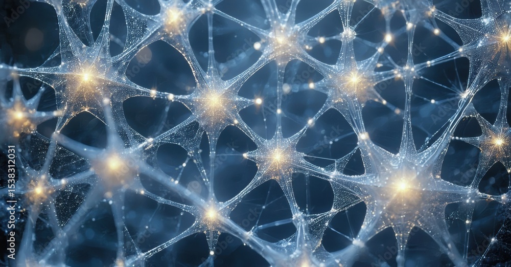Fototapeta premium Abstract network illustration. Bright points connect via lines, forming complex patterns. Blue tones dominate background. Futuristic, digital aesthetic.