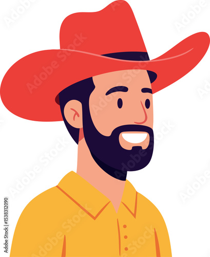 Bearded man wearing red cowboy hat and yellow shirt smiling vector illustration 