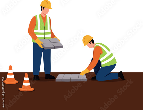 Construction workers laying pavement tiles with safety gear and orange cones vector illustration 