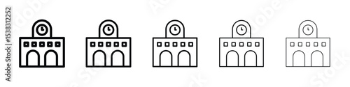 Train station building icons in black stroke designs on white background