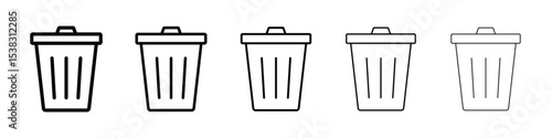 Trash icons in black stroke designs on white background