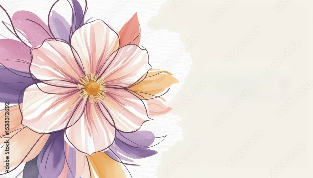 Obraz premium A watercolor illustration of a flower with pink petals and purple leaves on a beige background