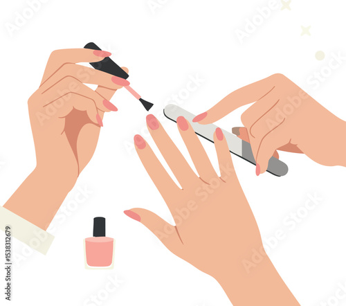 Woman Painting Nails with Pink Nail Polish Beauty and Self Care Vector Illustration 