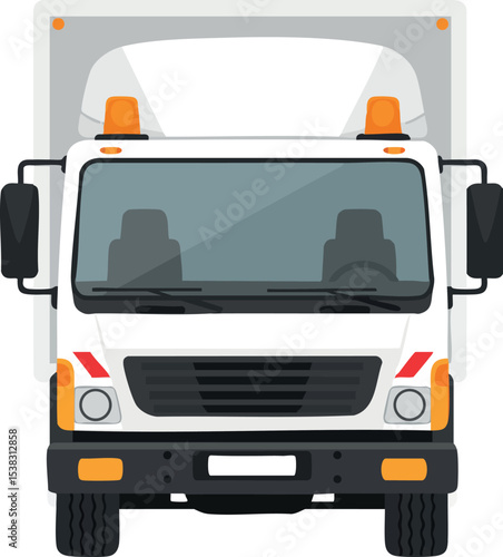 Front view of delivery truck with white cargo box and orange lights vector illustration 