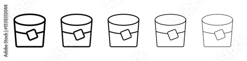 Whiskey Glass icons in black stroke designs on white background