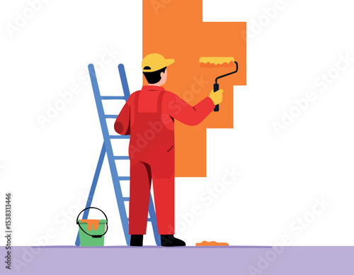 Painter Applying Orange Paint on Wall Using Roller in Red Overalls and Yellow Helmet 