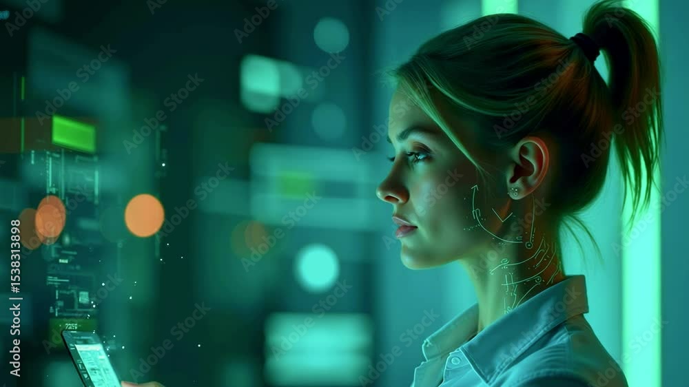 Young woman interacting with digital interface in a tech environment, illuminated by green lights Young woman interacting with digital interface in a tech environment, illuminated by green lights