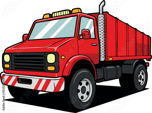Red Dump Truck Vector Illustration with Yellow Lights and Black Tires in Side View 