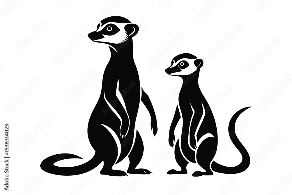 Obraz premium Two black meerkats stand attentively, one larger than the other, on a white backdrop
