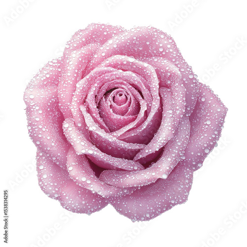 pink rose flower with fresh dewdrops on its petals isolated on white or transparent background