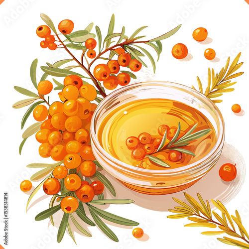 Top view of sea buckthorn oil with berries and leaves in a bowl, vector watercolor food illustration.
