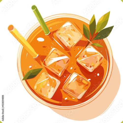 Iced Thai milk tea with ice cubes, two straws and green leaves in a glass, top view, vector on white background. Vector illustration of summer beverage on white background