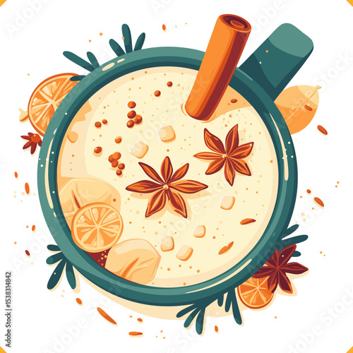 Eggnog with cinnamon stick, star anise, and orange slices in a glass, top view, vector on white background.
Vector illustration of Christmas beverage on white background
