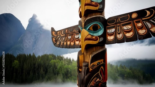 Wooden carved totem pole featuring animal designs against a foggy forest backdrop for cultural or artistic projects.