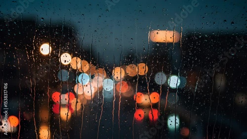 Blurred city lights glowing behind rain-covered window at night  