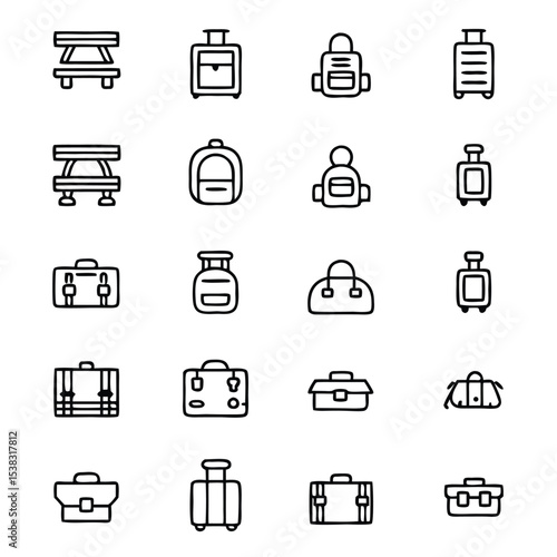 Sixteen HandDrawn Baggage Icons Illustrate Suitcases, Backpacks, Briefcases, and Benches for Travel