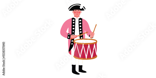 A Revolutionary War drummer in historic attire, the illustration shows a man playing the drum. The image tells story of the past.