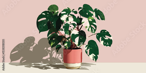 A variegated Monstera deliciosa plant thrives in a coral pink pot against a muted pink background, its large, split leaves casting a dramatic shadow.